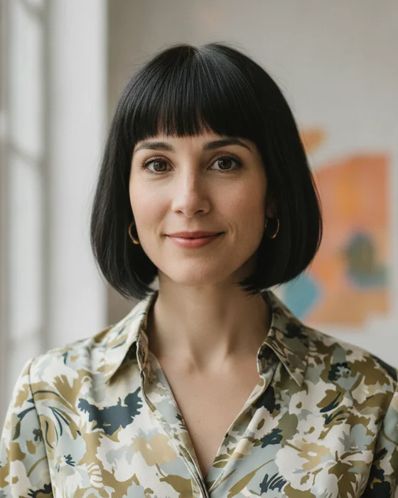 Portrait of an e-commerce founder in a floral blouse