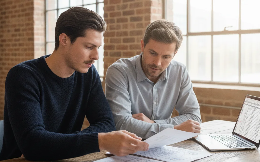 Advisor and software founder reviewing financial statements at a desk in a loft office