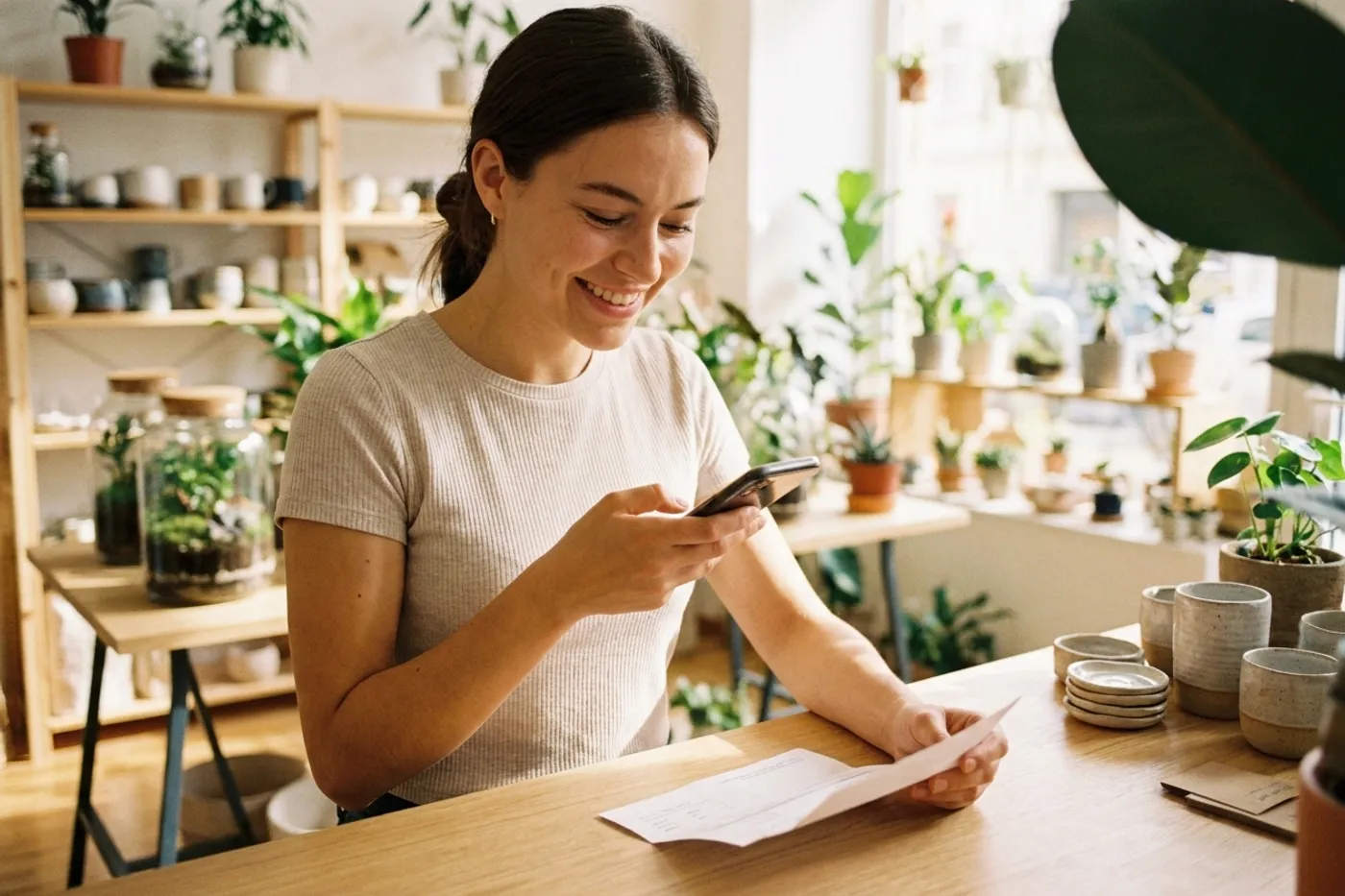 Founder in her shop photographing a paper invoice with her phone