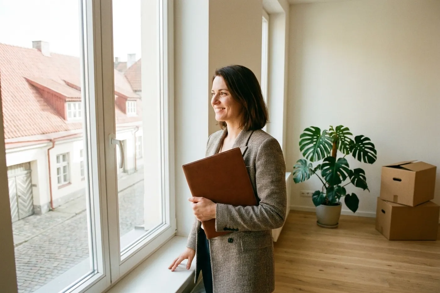 Founder standing in her new office beside moving boxes, looking out at a Luxembourg street
