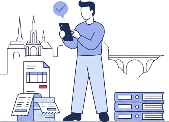Illustration of a founder sending a photographed invoice from a phone, with a confirmation check