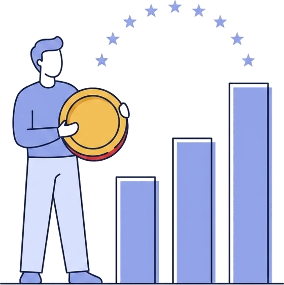 Illustration of a founder holding a euro coin beside a rising chart under EU stars