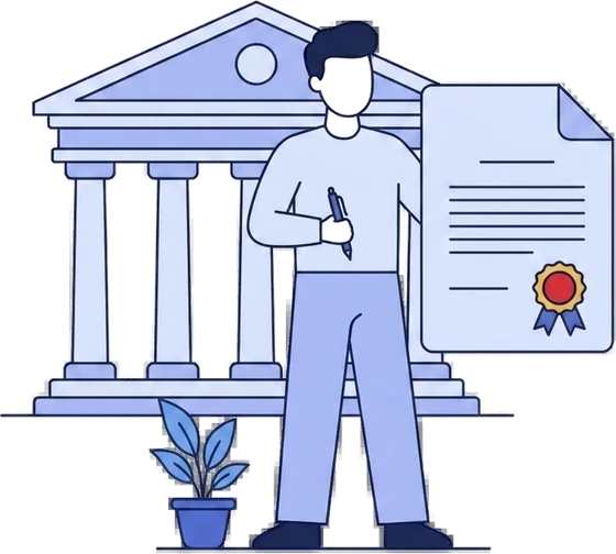 Illustration of a founder signing the incorporation deed in front of a Luxembourg institution
